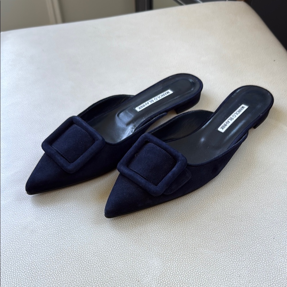 Manolo Blahnik Navy Maysale Mules